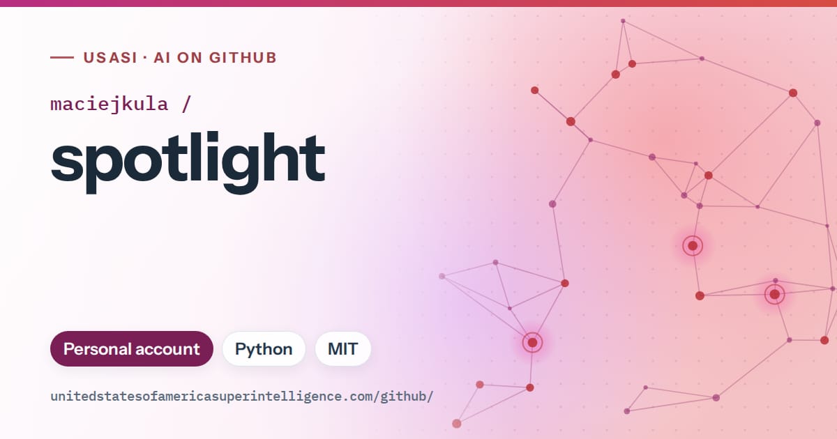 Generated pink constellation network artwork for maciejkula/spotlight, labeled USASI · AI on GitHub, with Personal account · Python · MIT.