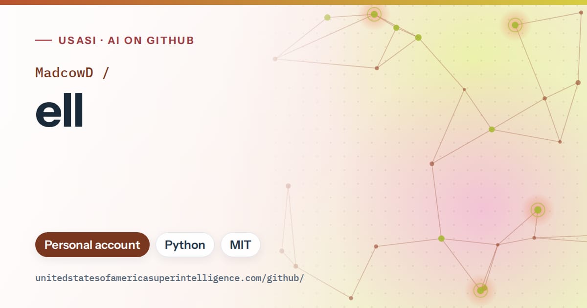 Generated orange constellation network artwork for MadcowD/ell, labeled USASI · AI on GitHub, with Personal account · Python · MIT.