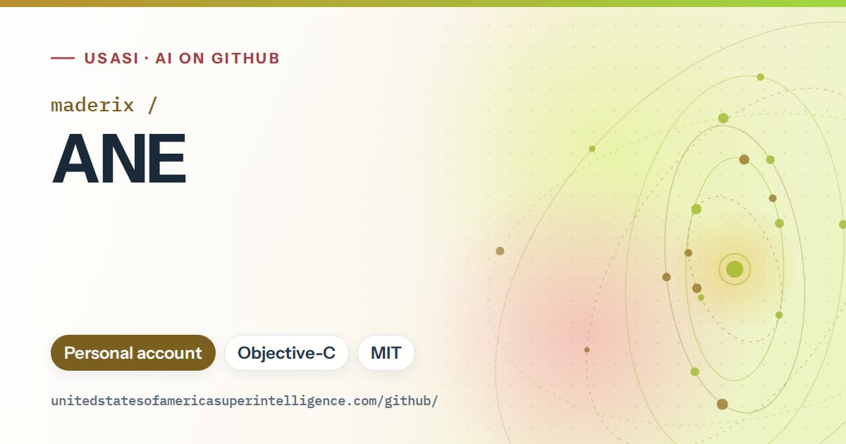 Generated orange orbit artwork for maderix/ANE, labeled USASI · AI on GitHub, with Personal account · Objective-C · MIT.