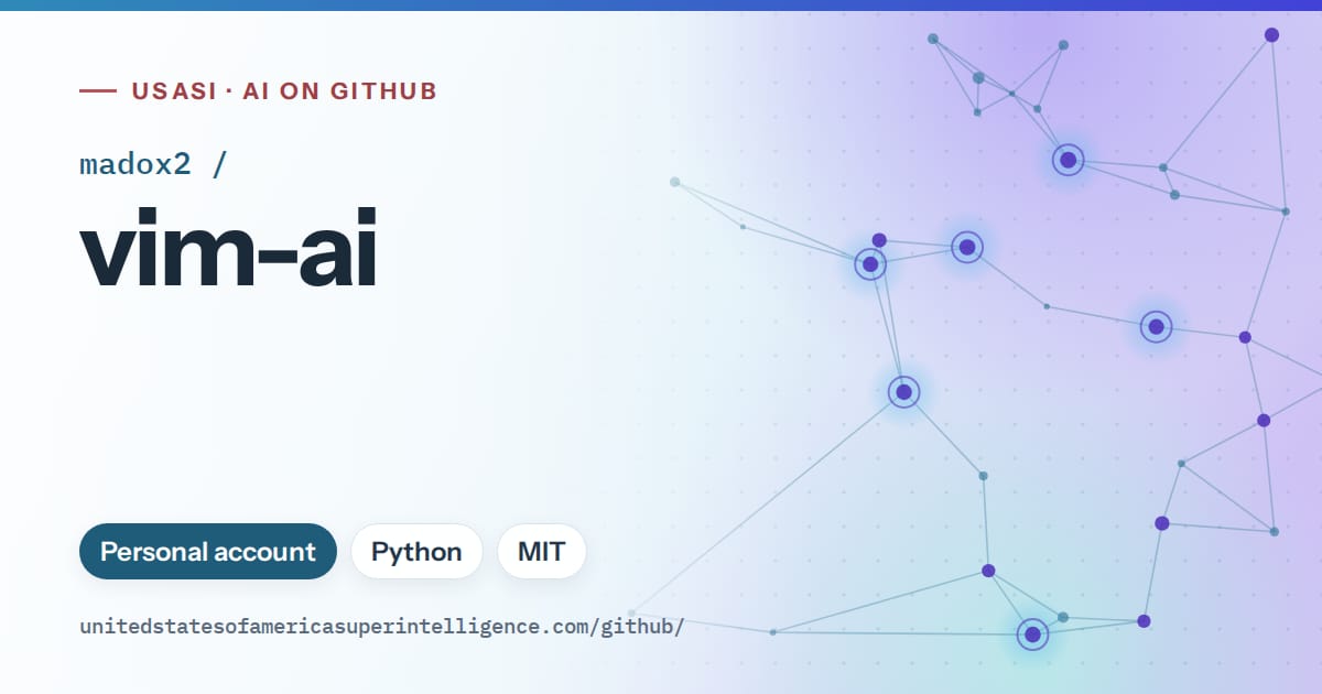 Generated sky blue constellation network artwork for madox2/vim-ai, labeled USASI · AI on GitHub, with Personal account · Python · MIT.