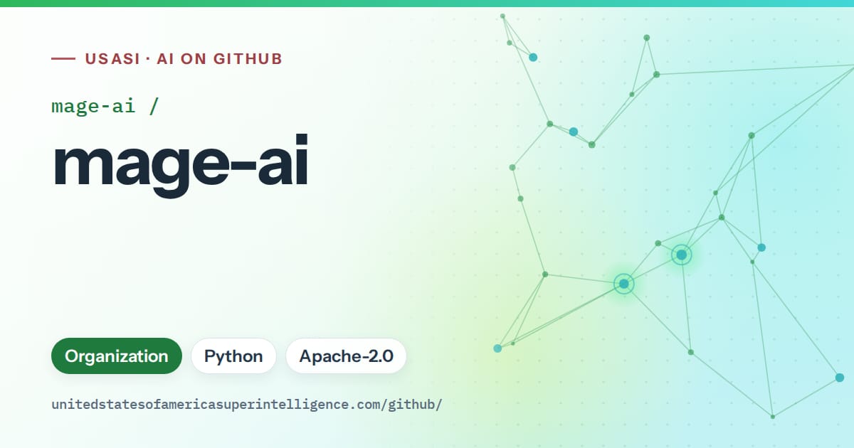 Generated green constellation network artwork for mage-ai/mage-ai, labeled USASI · AI on GitHub, with Organization · Python · Apache-2.0.