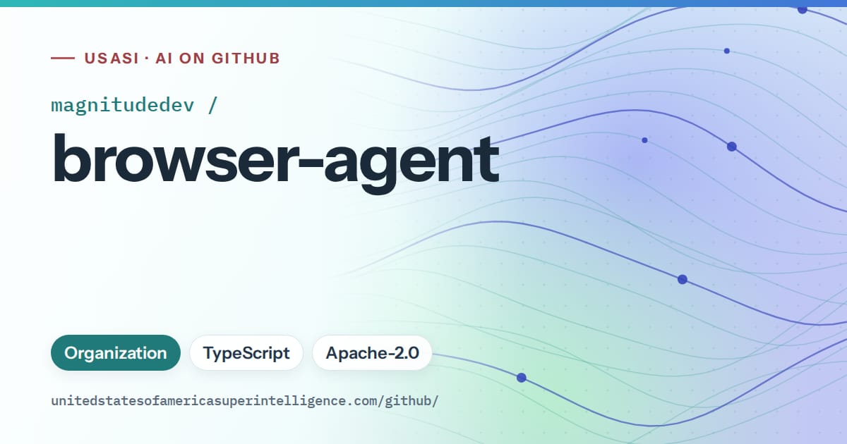 Generated teal flowing-wave artwork for magnitudedev/browser-agent, labeled USASI · AI on GitHub, with Organization · TypeScript · Apache-2.0.