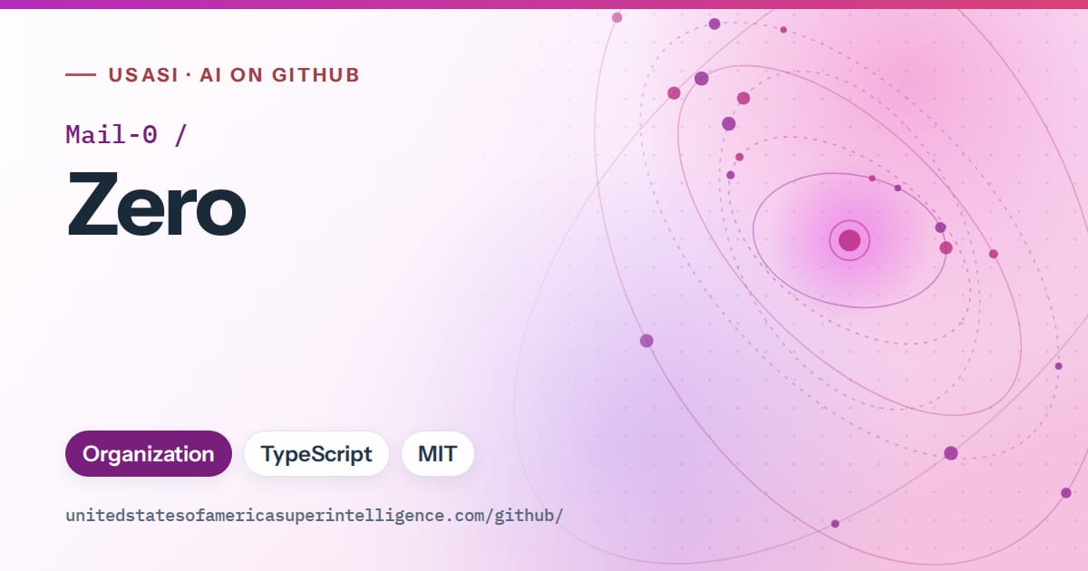 Generated purple orbit artwork for Mail-0/Zero, labeled USASI · AI on GitHub, with Organization · TypeScript · MIT.