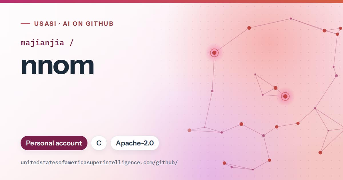 Generated pink constellation network artwork for majianjia/nnom, labeled USASI · AI on GitHub, with Personal account · C · Apache-2.0.