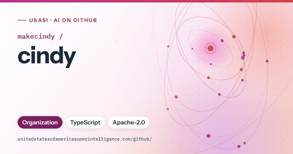 Generated purple orbit artwork for makecindy/cindy, labeled USASI · AI on GitHub, with Organization · TypeScript · Apache-2.0.