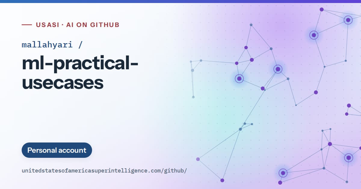 Generated sky blue constellation network artwork for mallahyari/ml-practical-usecases, labeled USASI · AI on GitHub, with Personal account.