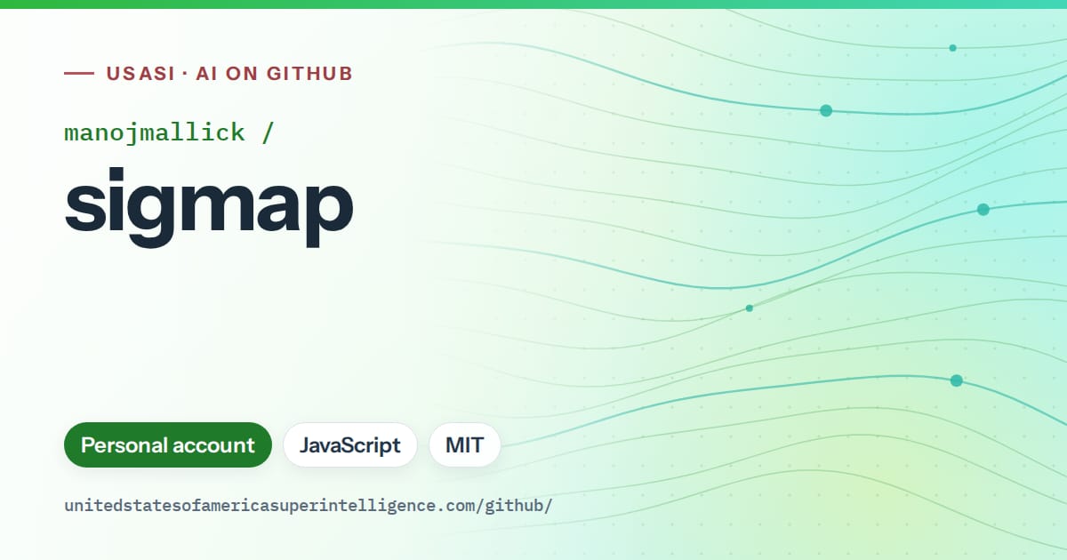 Generated green flowing-wave artwork for manojmallick/sigmap, labeled USASI · AI on GitHub, with Personal account · JavaScript · MIT.