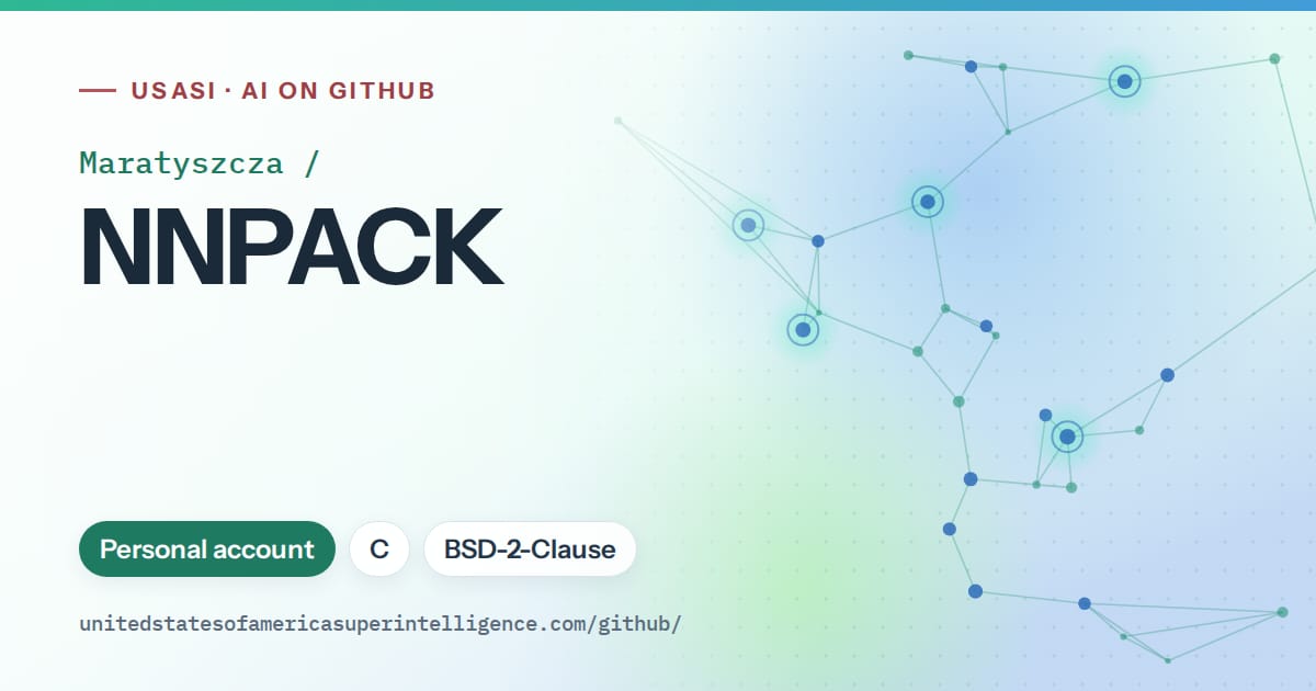 Generated teal constellation network artwork for Maratyszcza/NNPACK, labeled USASI · AI on GitHub, with Personal account · C · BSD-2-Clause.