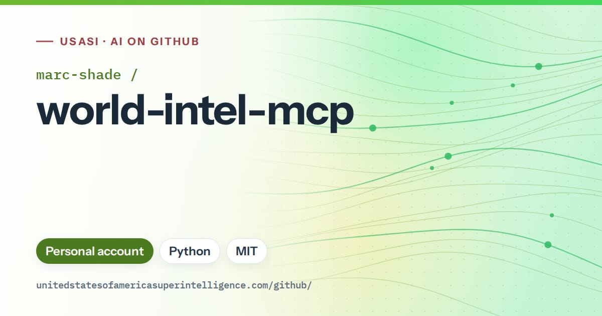 Generated green flowing-wave artwork for marc-shade/world-intel-mcp, labeled USASI · AI on GitHub, with Personal account · Python · MIT.