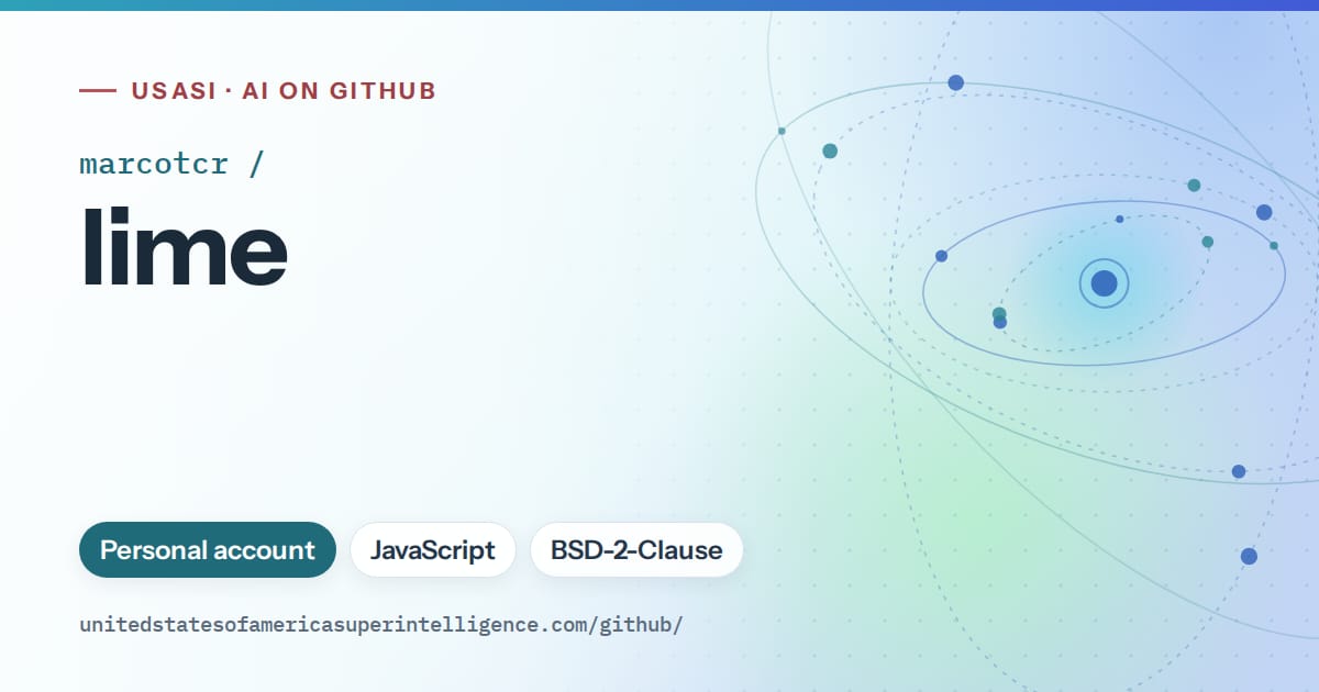 Generated sky blue orbit artwork for marcotcr/lime, labeled USASI · AI on GitHub, with Personal account · JavaScript · BSD-2-Clause.