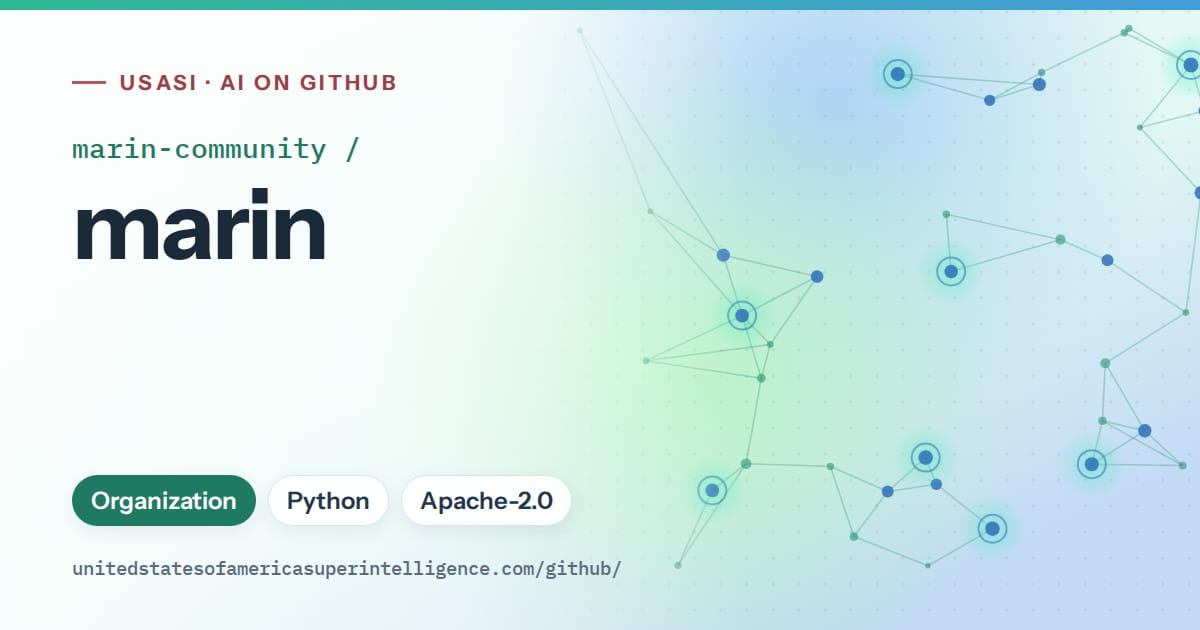 Generated teal constellation network artwork for marin-community/marin, labeled USASI · AI on GitHub, with Organization · Python · Apache-2.0.