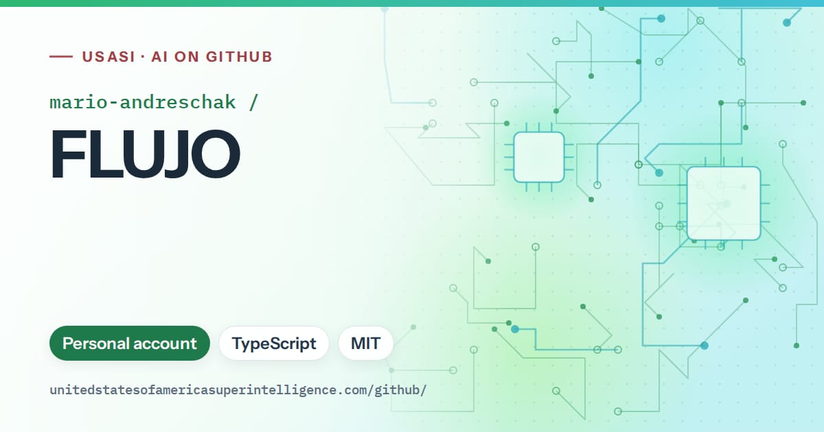 Generated green circuit-trace artwork for mario-andreschak/FLUJO, labeled USASI · AI on GitHub, with Personal account · TypeScript · MIT.