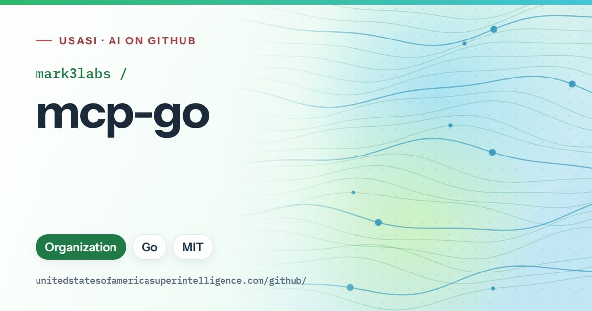 Generated green flowing-wave artwork for mark3labs/mcp-go, labeled USASI · AI on GitHub, with Organization · Go · MIT.