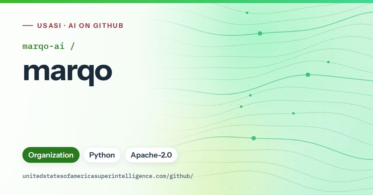 Generated green flowing-wave artwork for marqo-ai/marqo, labeled USASI · AI on GitHub, with Organization · Python · Apache-2.0.