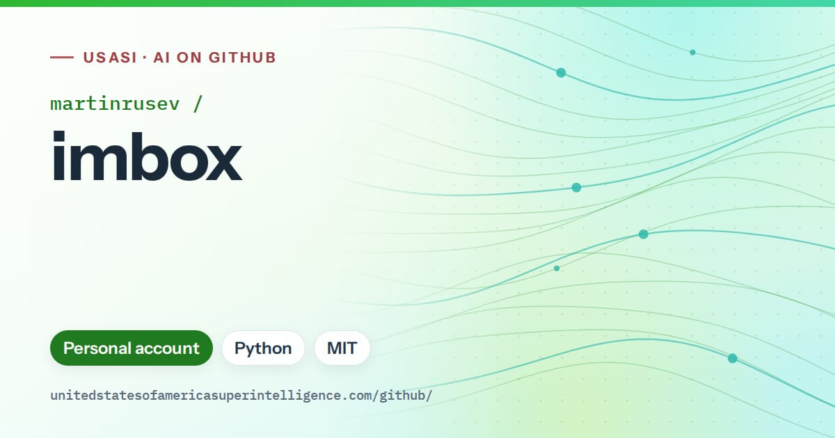 Generated green flowing-wave artwork for martinrusev/imbox, labeled USASI · AI on GitHub, with Personal account · Python · MIT.