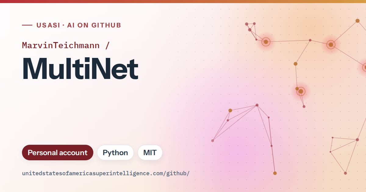 Generated red constellation network artwork for MarvinTeichmann/MultiNet, labeled USASI · AI on GitHub, with Personal account · Python · MIT.