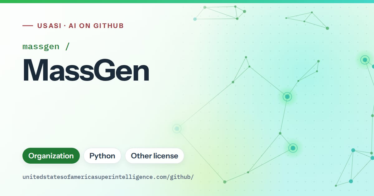 Generated green constellation network artwork for massgen/MassGen, labeled USASI · AI on GitHub, with Organization · Python · Other license.