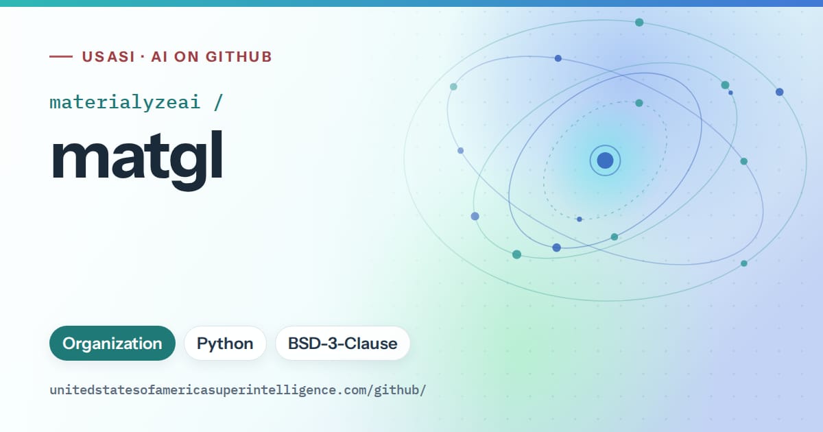 Generated teal orbit artwork for materialyzeai/matgl, labeled USASI · AI on GitHub, with Organization · Python · BSD-3-Clause.