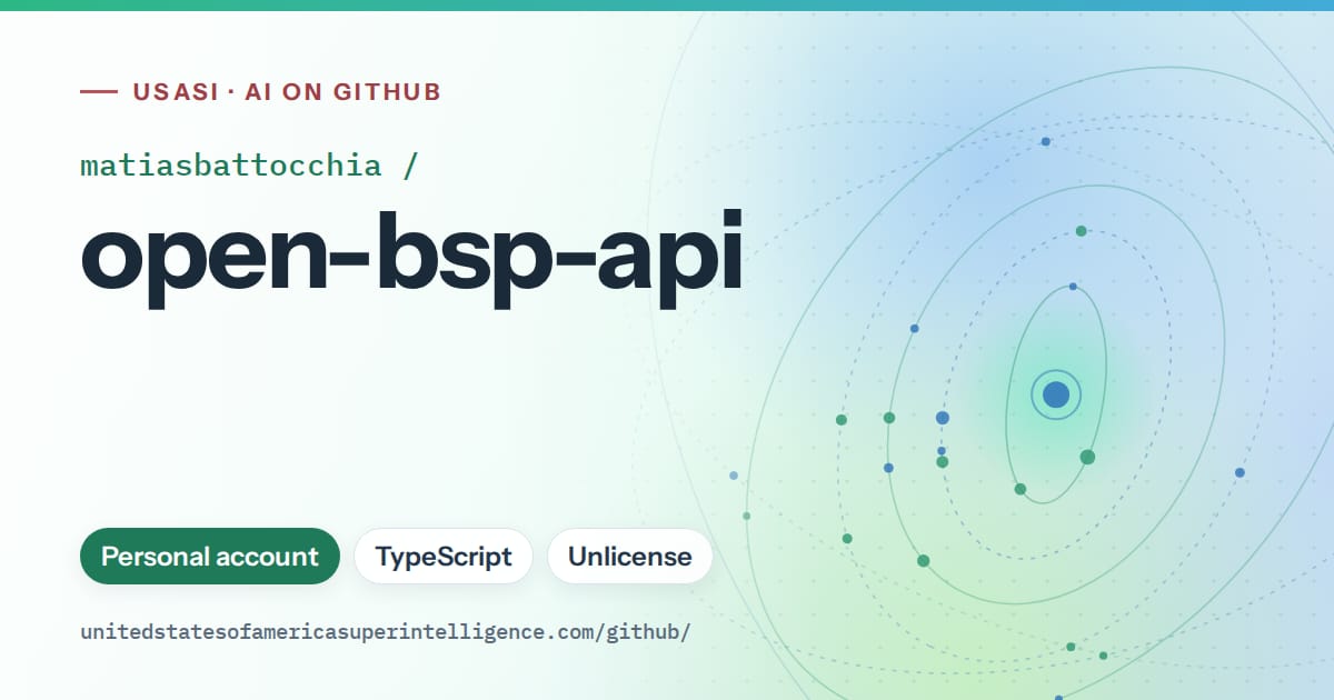 Generated teal orbit artwork for matiasbattocchia/open-bsp-api, labeled USASI · AI on GitHub, with Personal account · TypeScript · Unlicense.