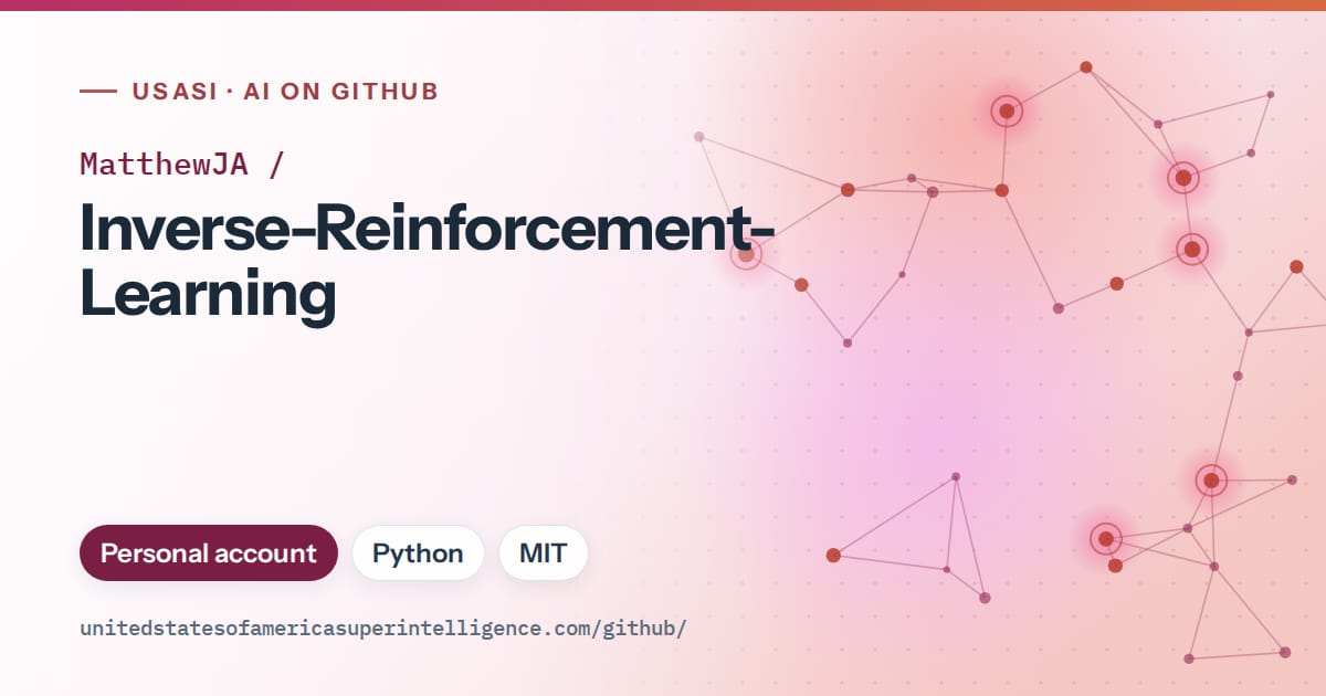 Generated pink constellation network artwork for MatthewJA/Inverse-Reinforcement-Learning, labeled USASI · AI on GitHub, with Personal account · Python · MIT.