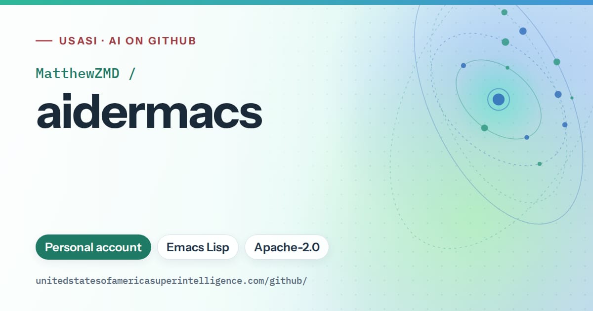 Generated teal orbit artwork for MatthewZMD/aidermacs, labeled USASI · AI on GitHub, with Personal account · Emacs Lisp · Apache-2.0.