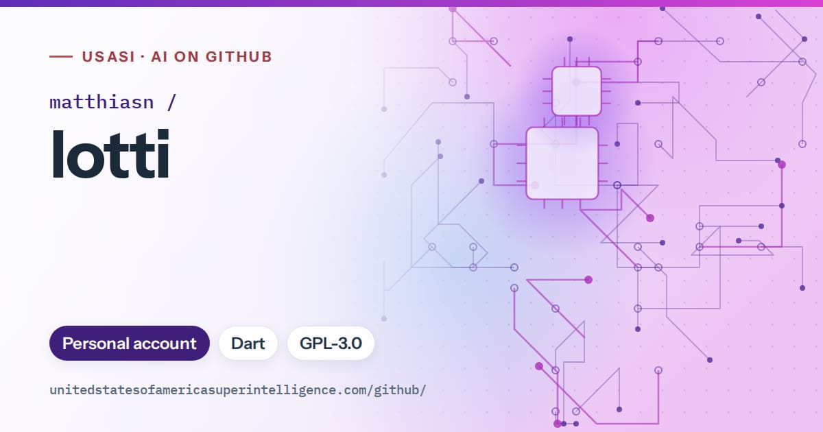 Generated violet circuit-trace artwork for matthiasn/lotti, labeled USASI · AI on GitHub, with Personal account · Dart · GPL-3.0.