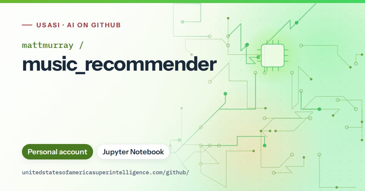 Generated green circuit-trace artwork for mattmurray/music_recommender, labeled USASI · AI on GitHub, with Personal account · Jupyter Notebook.