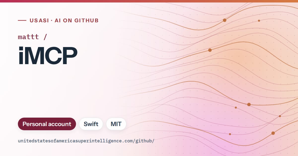 Generated pink flowing-wave artwork for mattt/iMCP, labeled USASI · AI on GitHub, with Personal account · Swift · MIT.