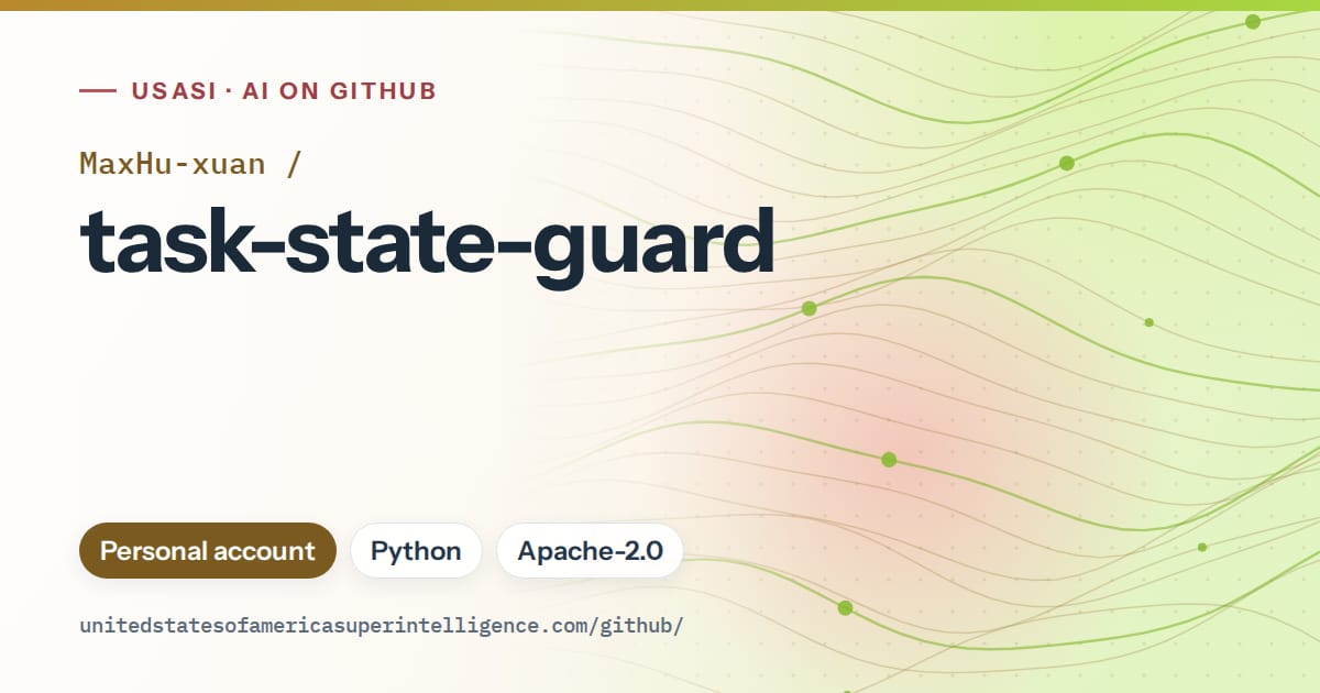 Generated orange flowing-wave artwork for MaxHu-xuan/task-state-guard, labeled USASI · AI on GitHub, with Personal account · Python · Apache-2.0.