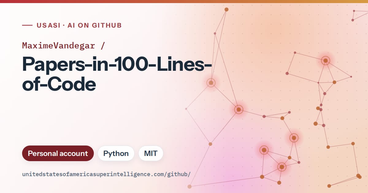 Generated red constellation network artwork for MaximeVandegar/Papers-in-100-Lines-of-Code, labeled USASI · AI on GitHub, with Personal account · Python · MIT.