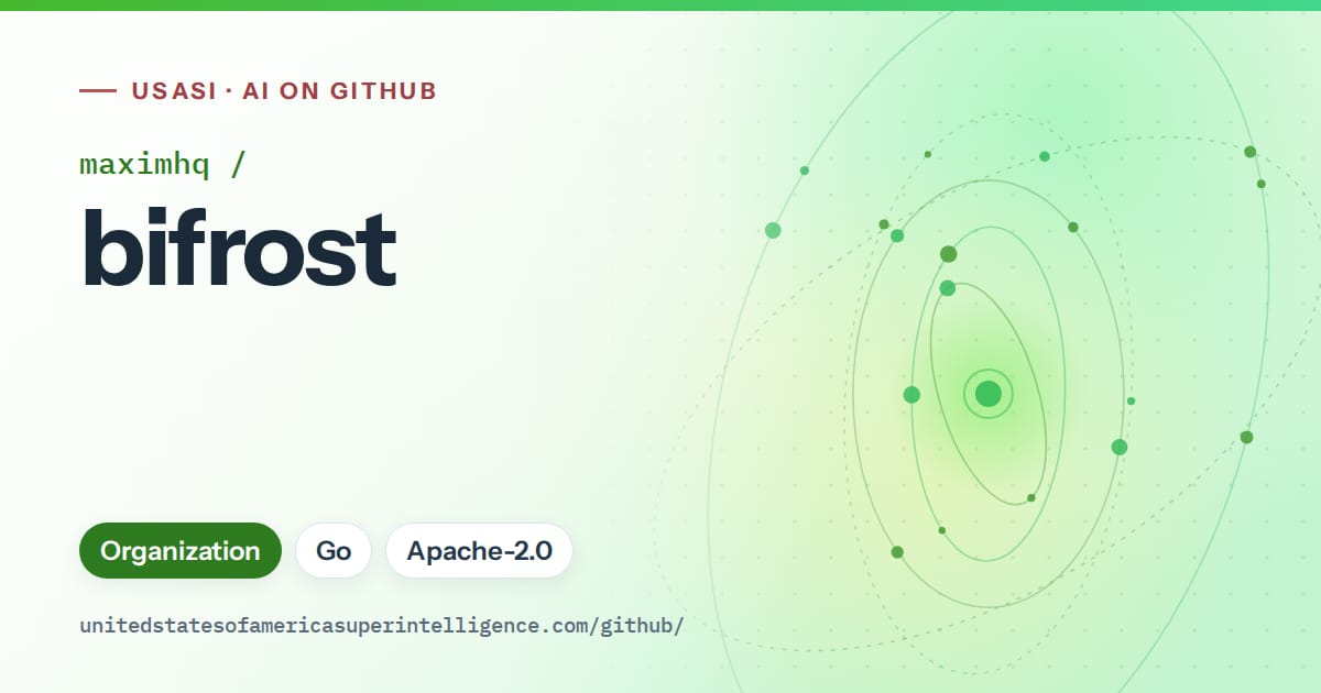 Generated green orbit artwork for maximhq/bifrost, labeled USASI · AI on GitHub, with Organization · Go · Apache-2.0.