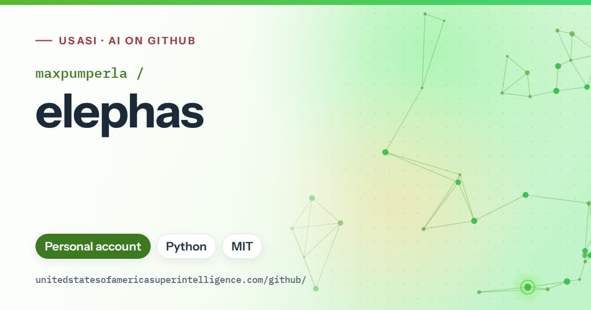 Generated green constellation network artwork for maxpumperla/elephas, labeled USASI · AI on GitHub, with Personal account · Python · MIT.