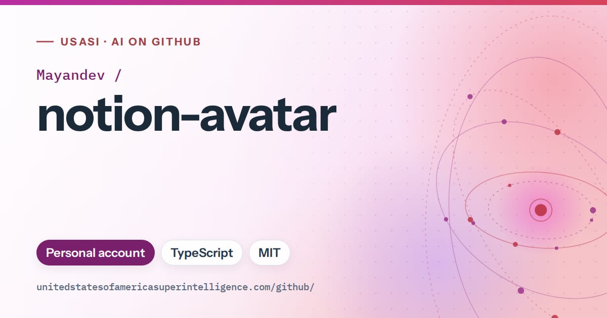 Generated purple orbit artwork for Mayandev/notion-avatar, labeled USASI · AI on GitHub, with Personal account · TypeScript · MIT.