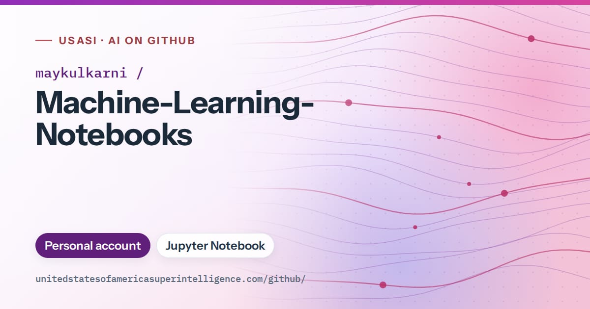 Generated violet flowing-wave artwork for maykulkarni/Machine-Learning-Notebooks, labeled USASI · AI on GitHub, with Personal account · Jupyter Notebook.
