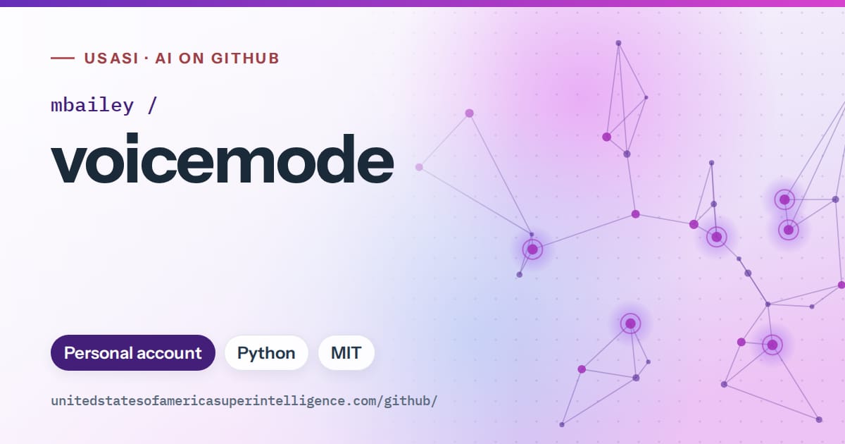 Generated violet constellation network artwork for mbailey/voicemode, labeled USASI · AI on GitHub, with Personal account · Python · MIT.