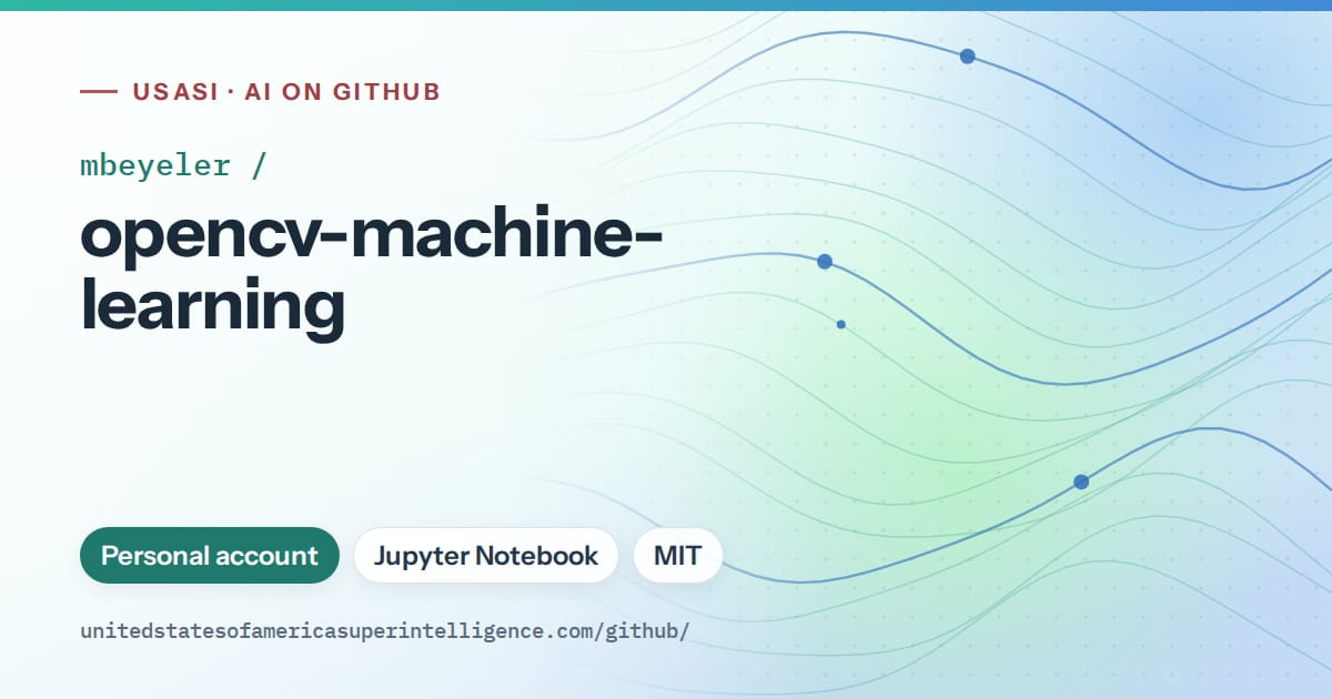 Generated teal flowing-wave artwork for mbeyeler/opencv-machine-learning, labeled USASI · AI on GitHub, with Personal account · Jupyter Notebook · MIT.