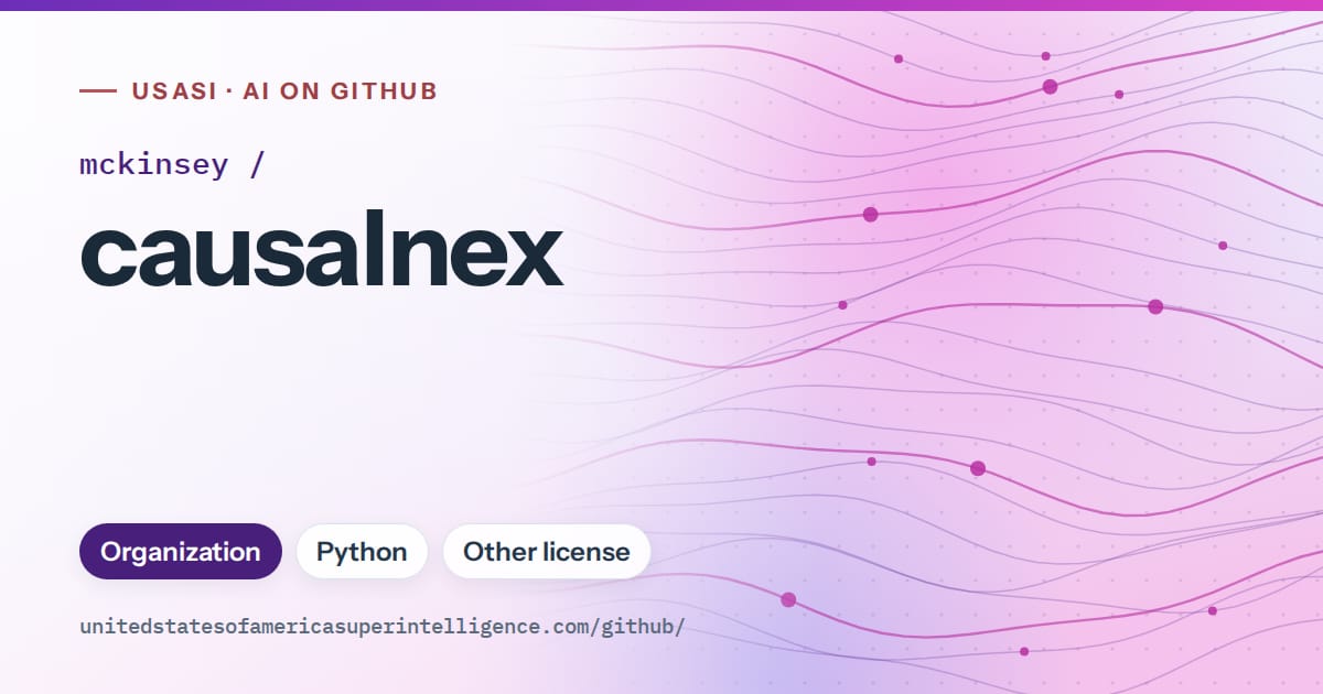 Generated violet flowing-wave artwork for mckinsey/causalnex, labeled USASI · AI on GitHub, with Organization · Python · Other license.