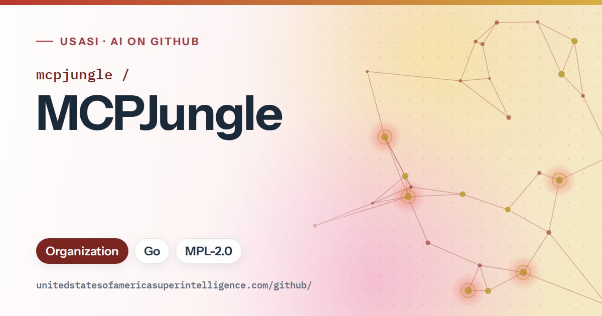 Generated red constellation network artwork for mcpjungle/MCPJungle, labeled USASI · AI on GitHub, with Organization · Go · MPL-2.0.