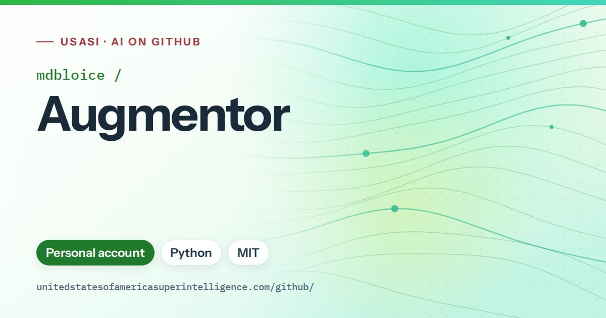 Generated green flowing-wave artwork for mdbloice/Augmentor, labeled USASI · AI on GitHub, with Personal account · Python · MIT.