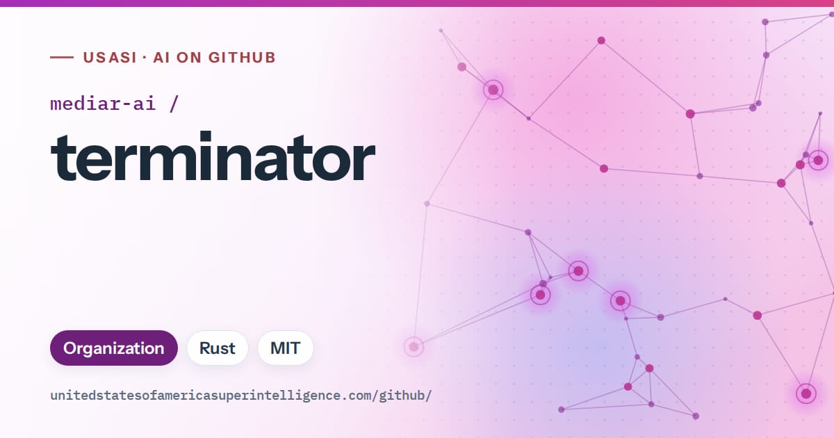 Generated purple constellation network artwork for mediar-ai/terminator, labeled USASI · AI on GitHub, with Organization · Rust · MIT.
