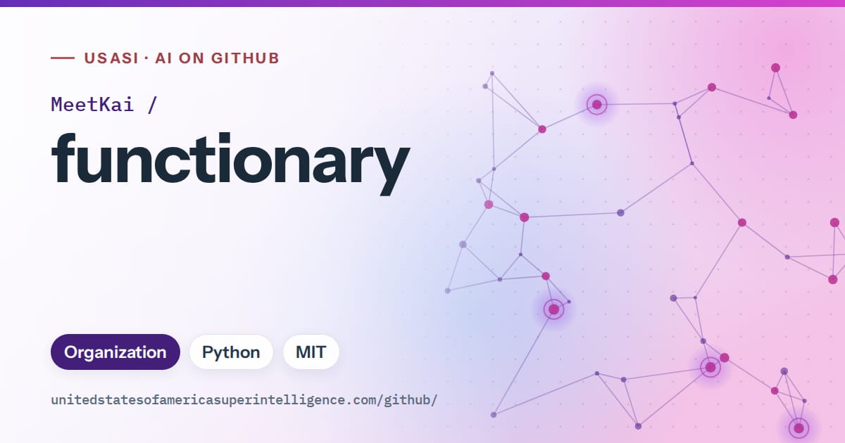 Generated violet constellation network artwork for MeetKai/functionary, labeled USASI · AI on GitHub, with Organization · Python · MIT.