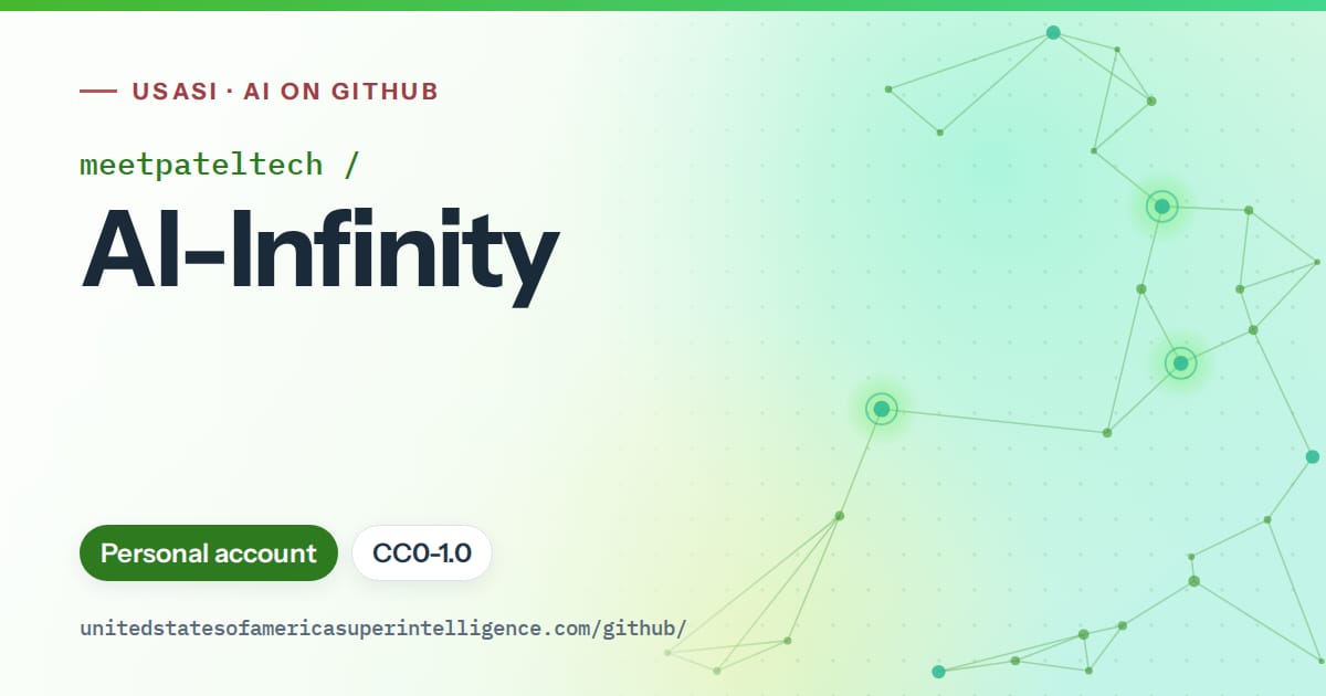 Generated green constellation network artwork for meetpateltech/AI-Infinity, labeled USASI · AI on GitHub, with Personal account · CC0-1.0.