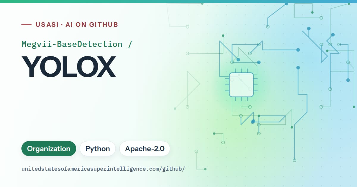Generated teal circuit-trace artwork for Megvii-BaseDetection/YOLOX, labeled USASI · AI on GitHub, with Organization · Python · Apache-2.0.