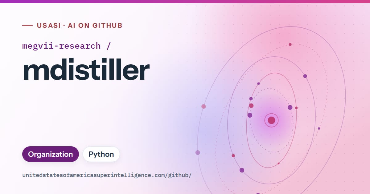 Generated purple orbit artwork for megvii-research/mdistiller, labeled USASI · AI on GitHub, with Organization · Python.