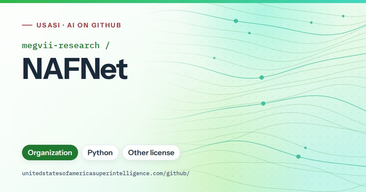Generated green flowing-wave artwork for megvii-research/NAFNet, labeled USASI · AI on GitHub, with Organization · Python · Other license.