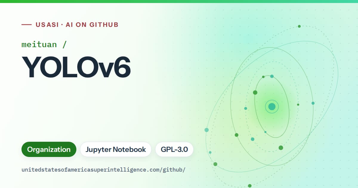 Generated green orbit artwork for meituan/YOLOv6, labeled USASI · AI on GitHub, with Organization · Jupyter Notebook · GPL-3.0.