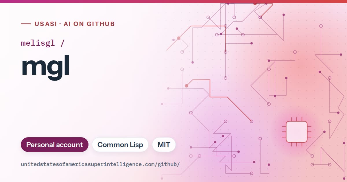 Generated pink circuit-trace artwork for melisgl/mgl, labeled USASI · AI on GitHub, with Personal account · Common Lisp · MIT.