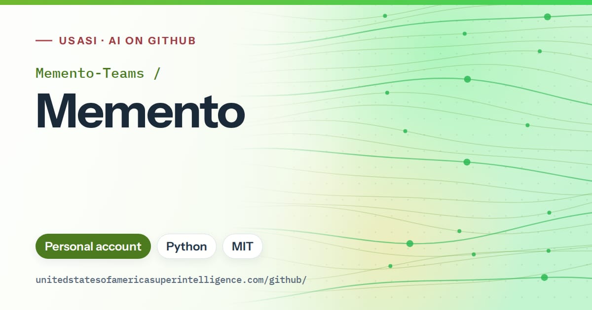 Generated green flowing-wave artwork for Memento-Teams/Memento, labeled USASI · AI on GitHub, with Personal account · Python · MIT.