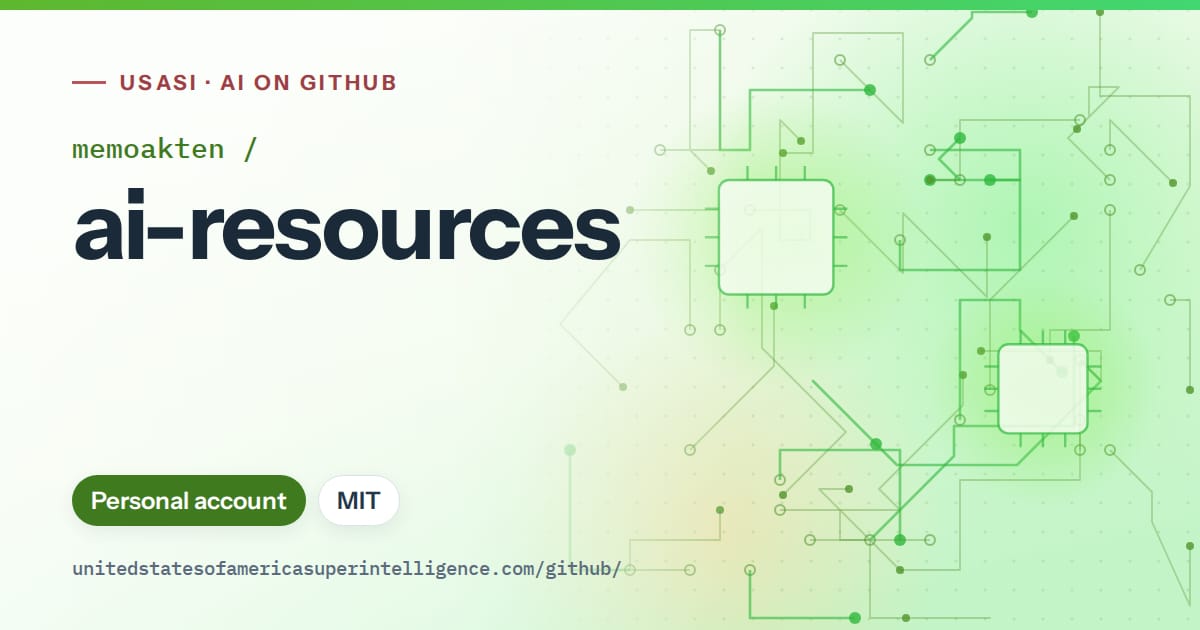 Generated green circuit-trace artwork for memoakten/ai-resources, labeled USASI · AI on GitHub, with Personal account · MIT.