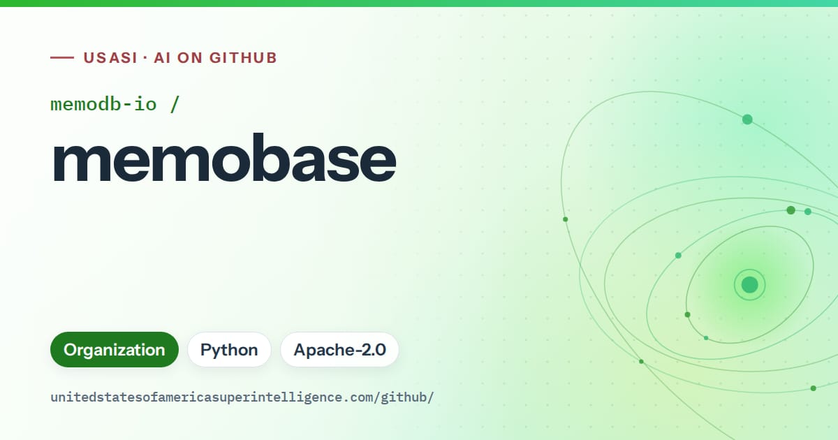 Generated green orbit artwork for memodb-io/memobase, labeled USASI · AI on GitHub, with Organization · Python · Apache-2.0.